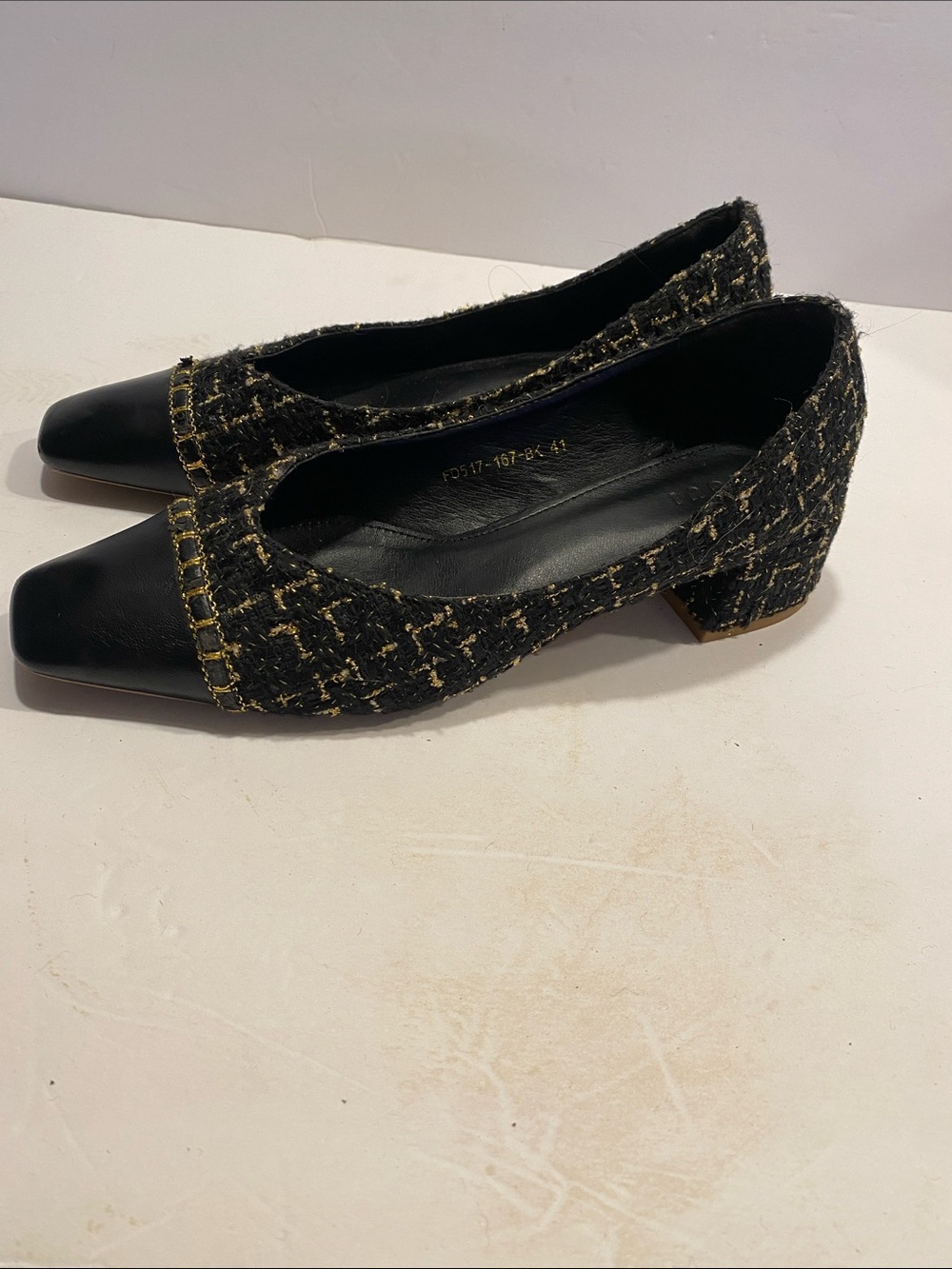 Black Tweed & Leather Low Block Heel Pumps - Women size 41